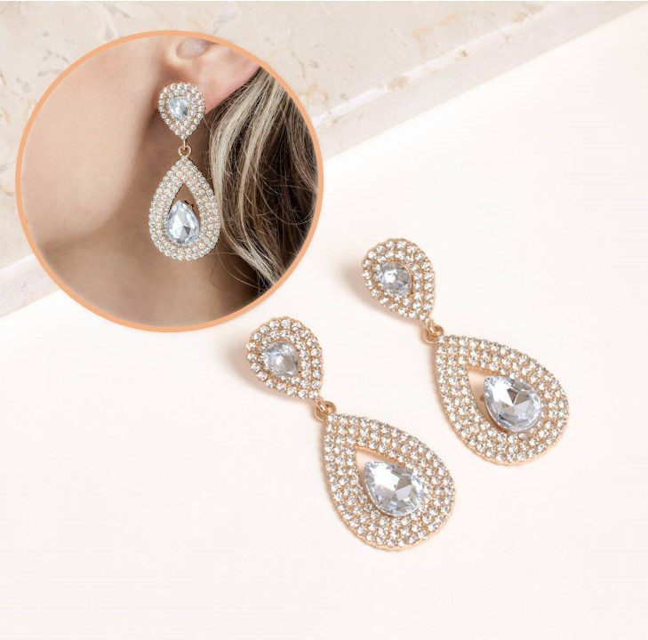 Crystal Double Teardrop Earrings In Gold Colour- Women Jewelry